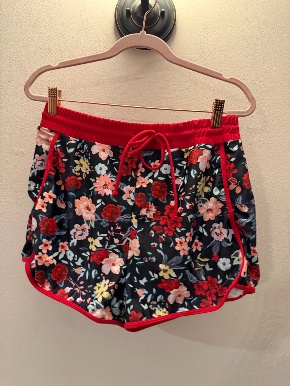 Yonique Women Floral Swim Shorts Black Red Drawstring Board Shorts Large